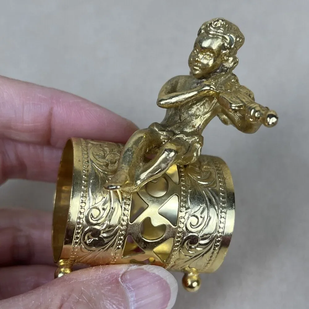 VTG 8pc Gold Tone Metal Angel Playing‎ Violin Filigree Napkin Ring Holder Signed